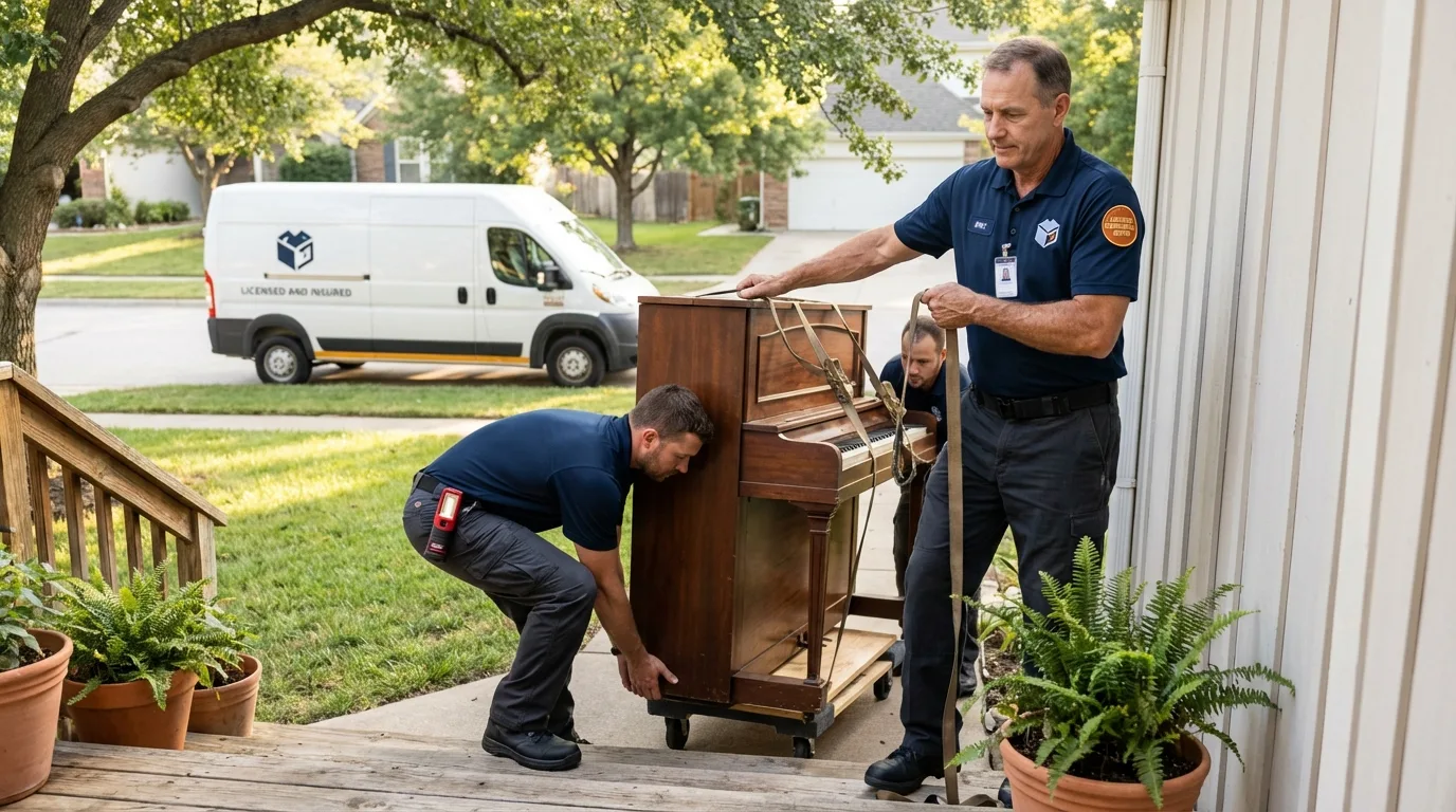 Licensed piano movers securing grand piano in Kasson, MN