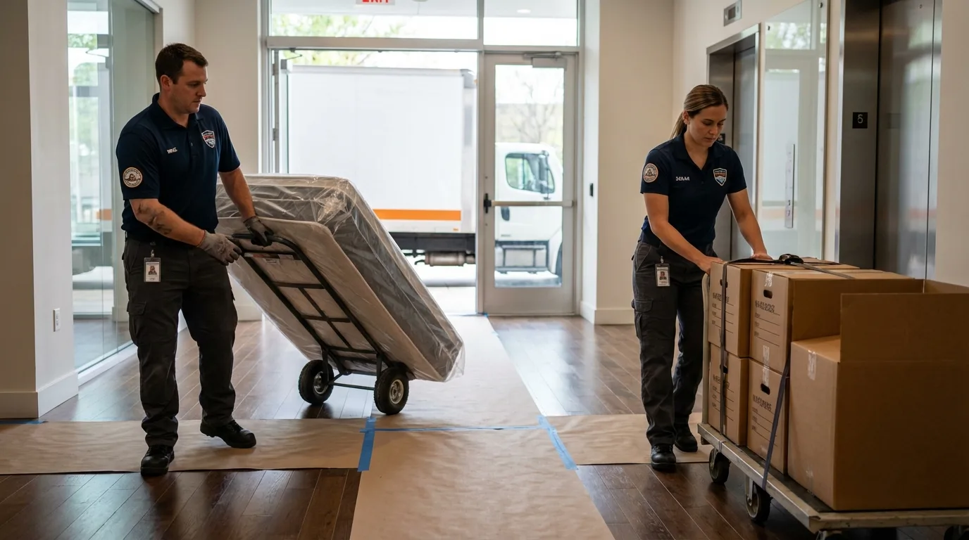 Professional apartment movers loading elevator in Kasson, MN